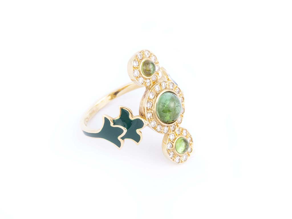 YG Ring With White Dia, Green Tourmaline & Enamel D 0,34ct