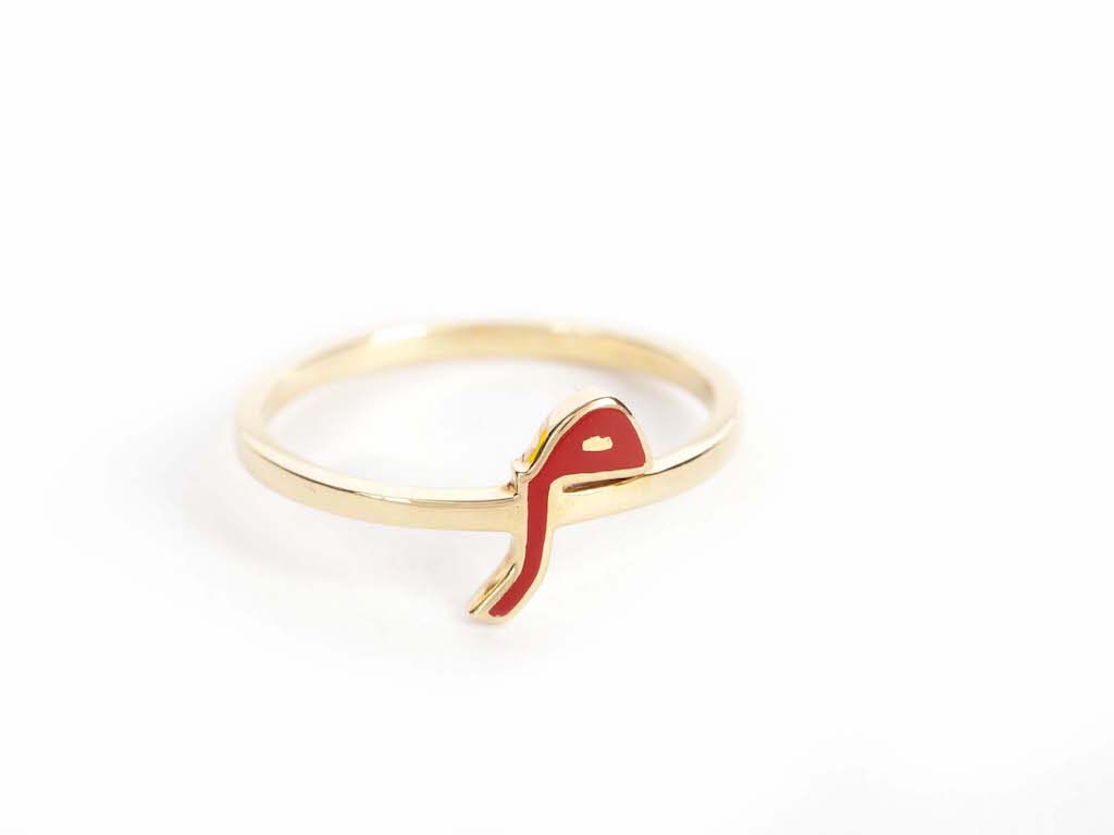 Ring Mina Yellow Gold Letter "M" Red Enamel
