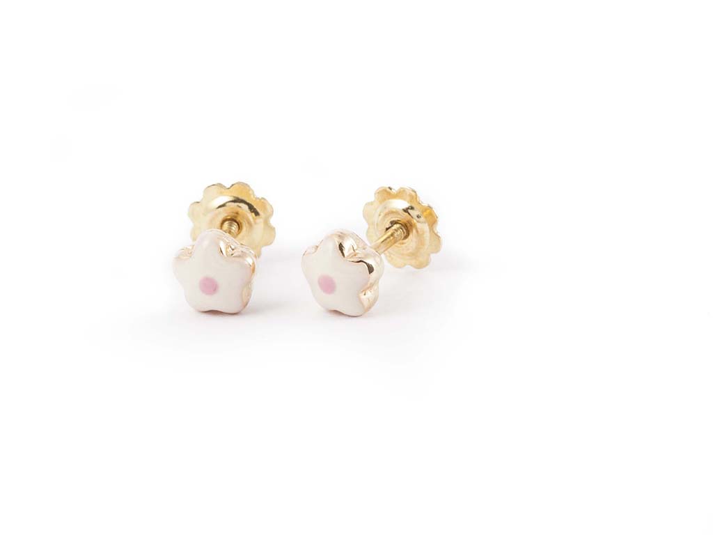 Earring Y/G Enamel Pink & White Flower