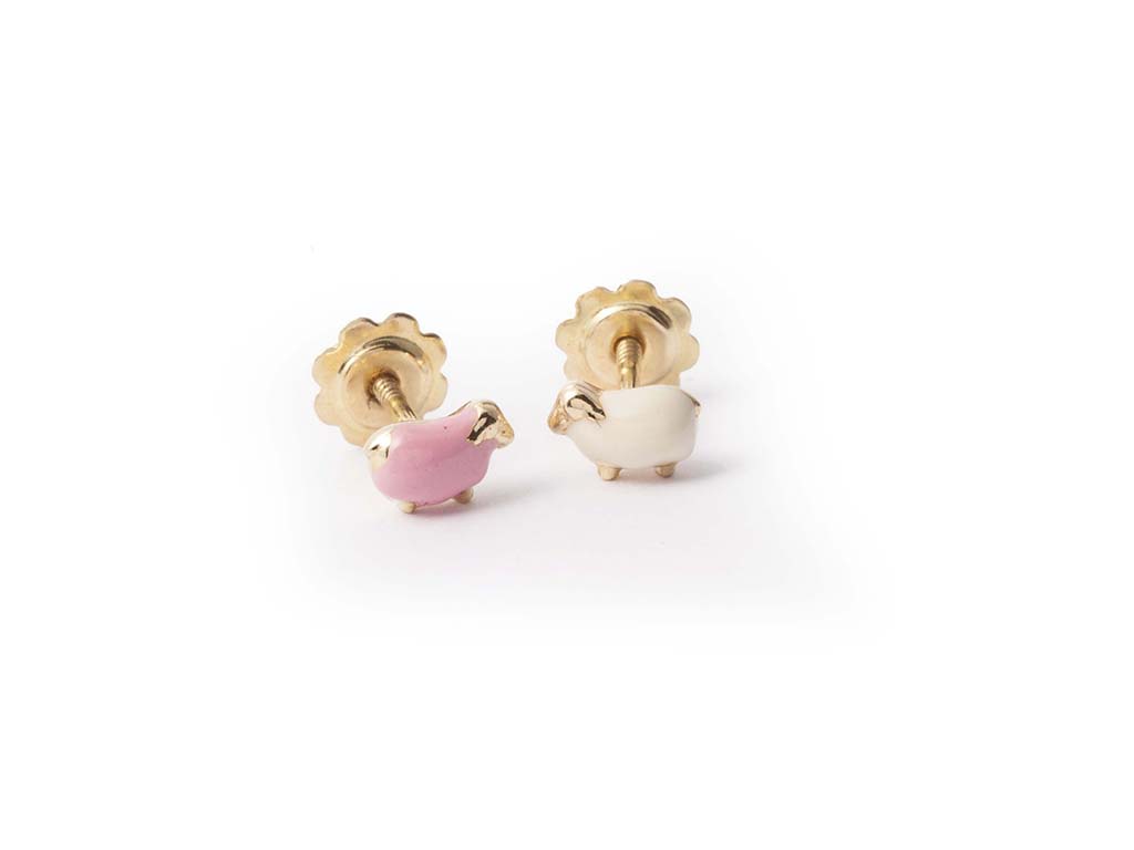 Earring Y/G Pink With White Enamel Sheep