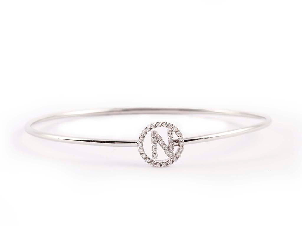White Gold Thin Bangle with Letter N in Diamonds