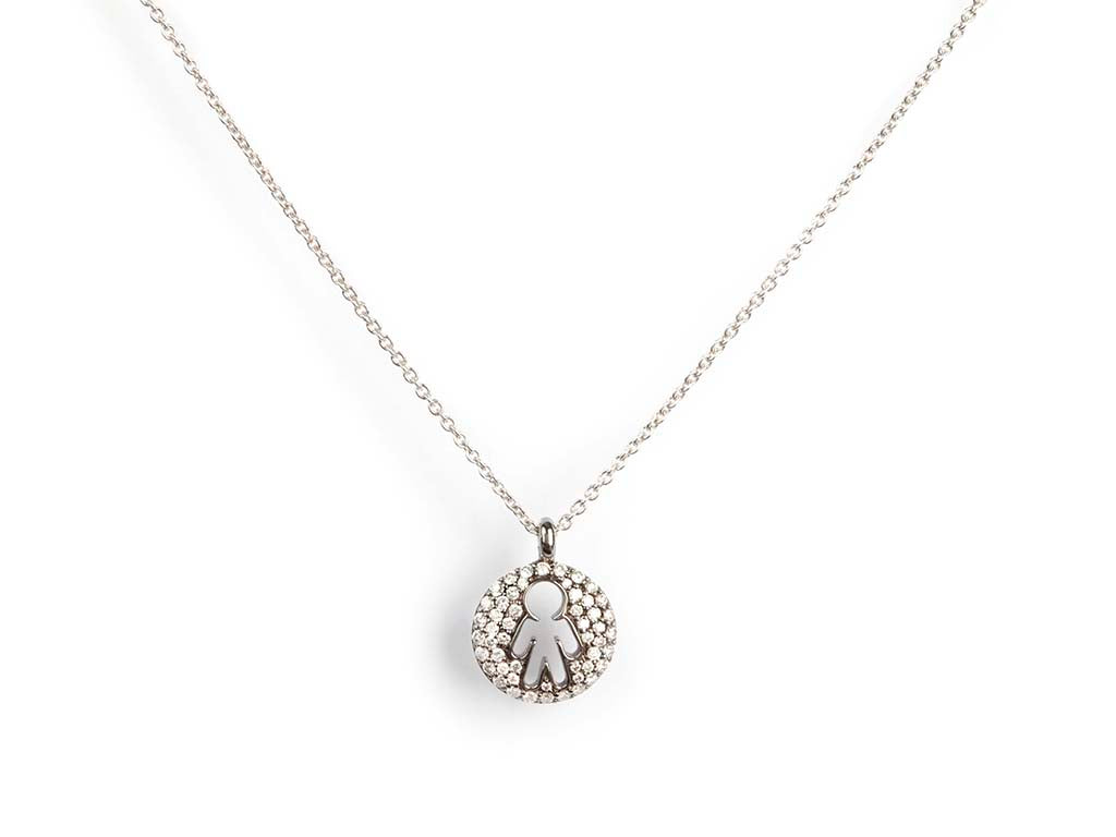 White Gold Coin Pave Small Boy with Diamond Necklace