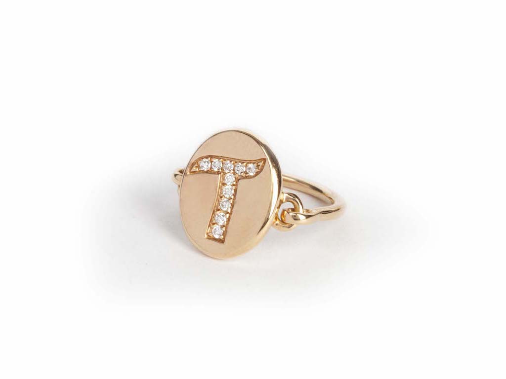 Rose Gold Round Pave Ring Letter T Diamond