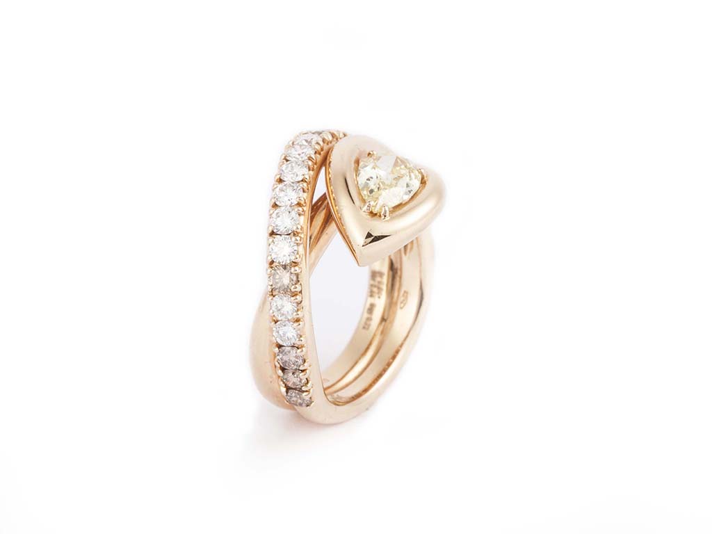 Pink Gold Twisted Ring With Yellow Diamond Tear