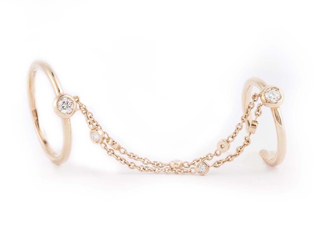 Pink Gold Double Ring With Chain & Diamond Dots