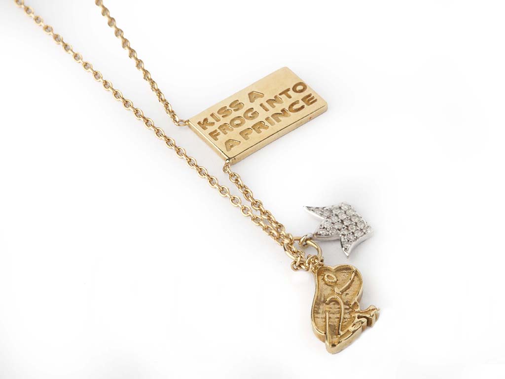 Yellow Gold Necklace with Kiss, Frog, Crown & Diamonds