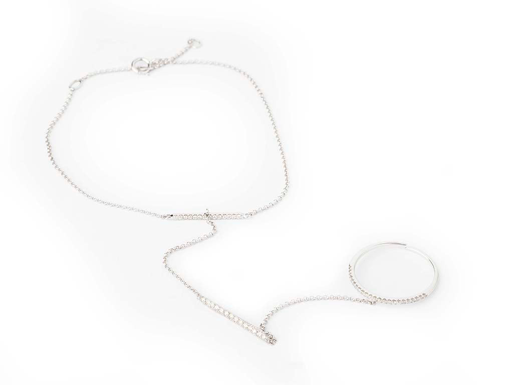 White Gold Hand Chain Bracelet with One Diamond