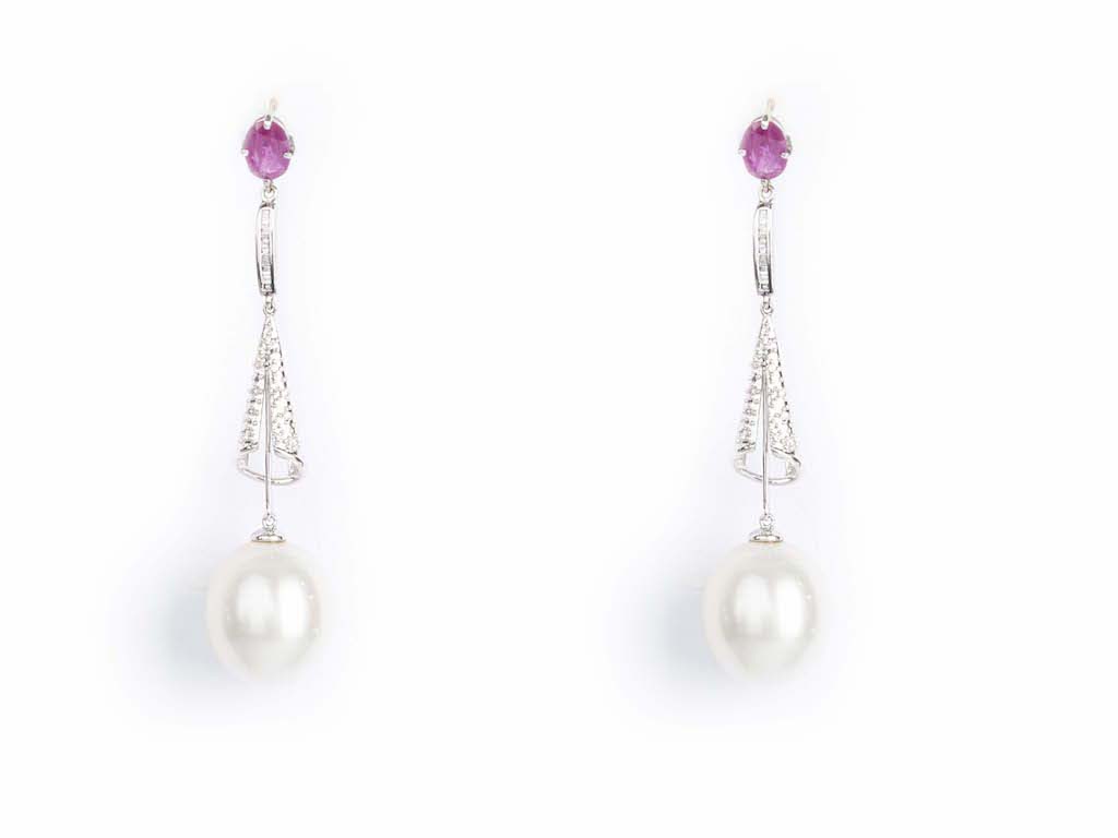 Earrings Gold with Diamonds, Rubies & Pearls