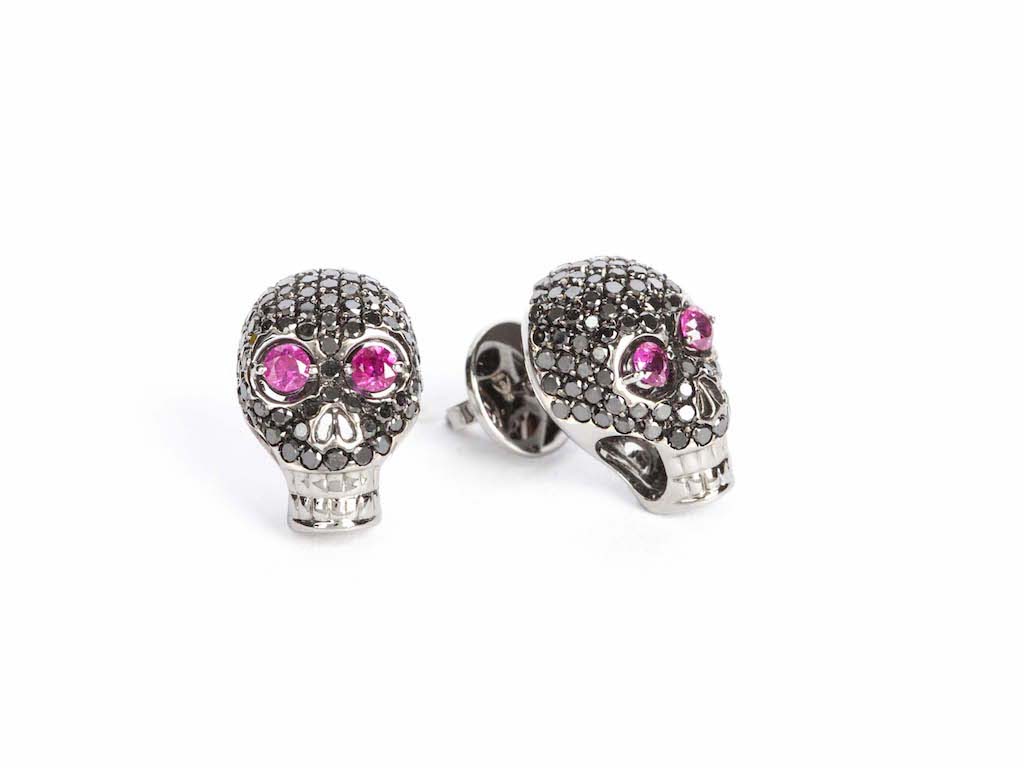 White Gold Skull Earrings with Black Diamonds