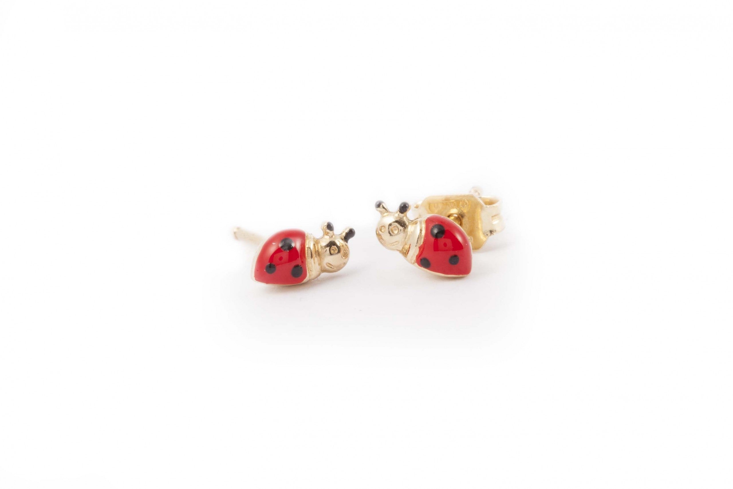 Gold Earrings With Red Insect Enamel