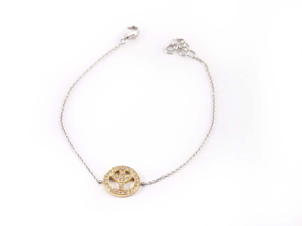 Yellow Gold Peace Sign on White Chain Bracelet