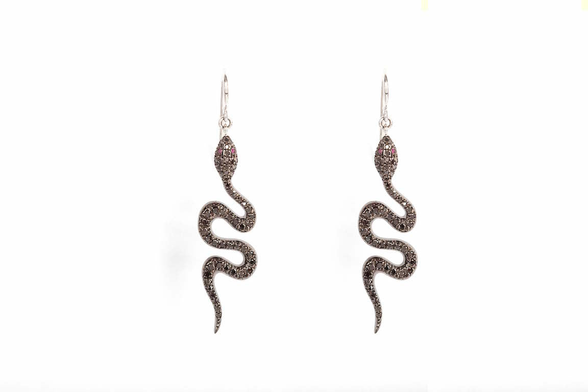 Rose Gold Twisted Snake Earrings with Brown Diamonds
