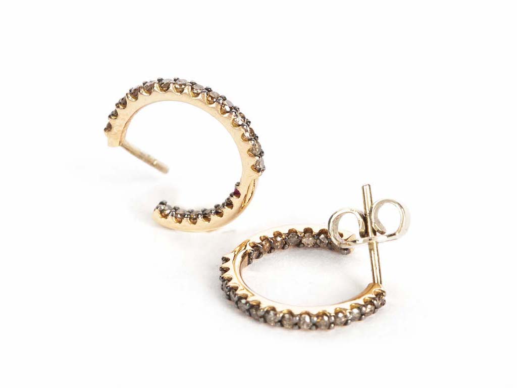 Rose Gold Small Hoop Earrings with Brown Diamonds