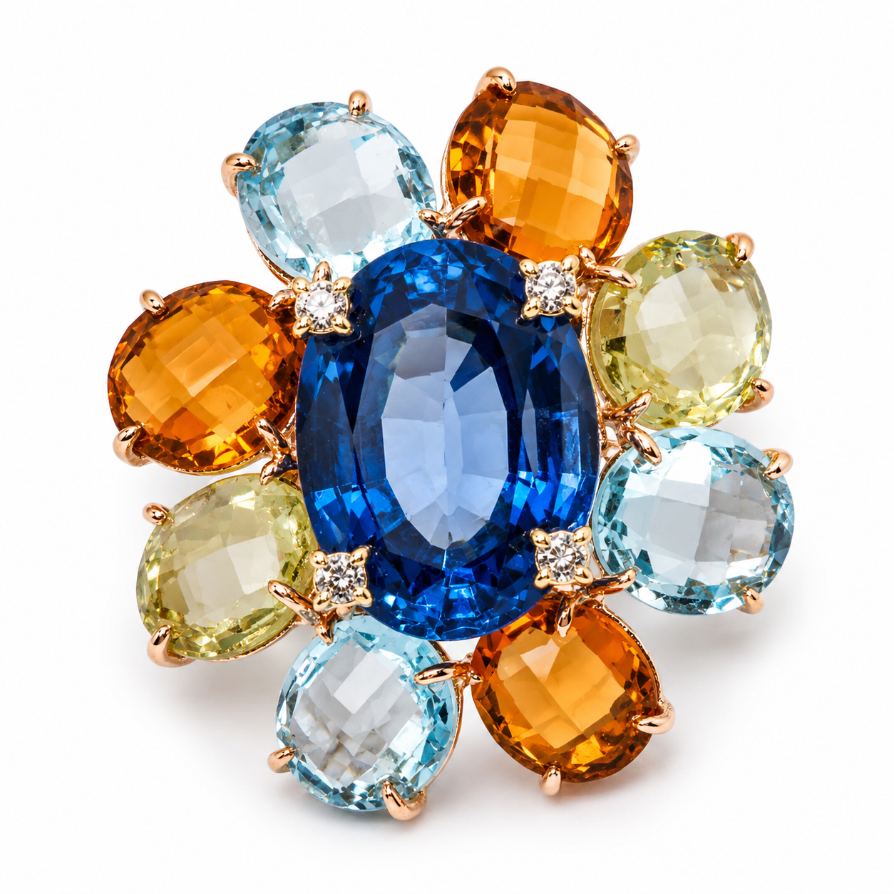 RING DIAMONDS, CITRINE QUARTZ, GREEN AMETHYST, LIGHT BLUE TOPAZ
