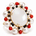 RING JAPAN PEARLS, DIAMANTI NERI, CORALS, CHALCEDONY