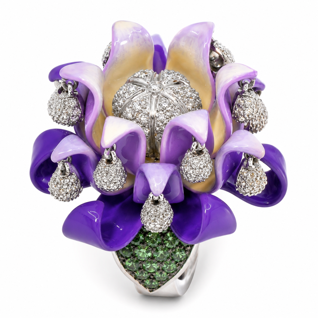 RING DIAMONDS, TSAVORITE, PURPLE ENAMEL