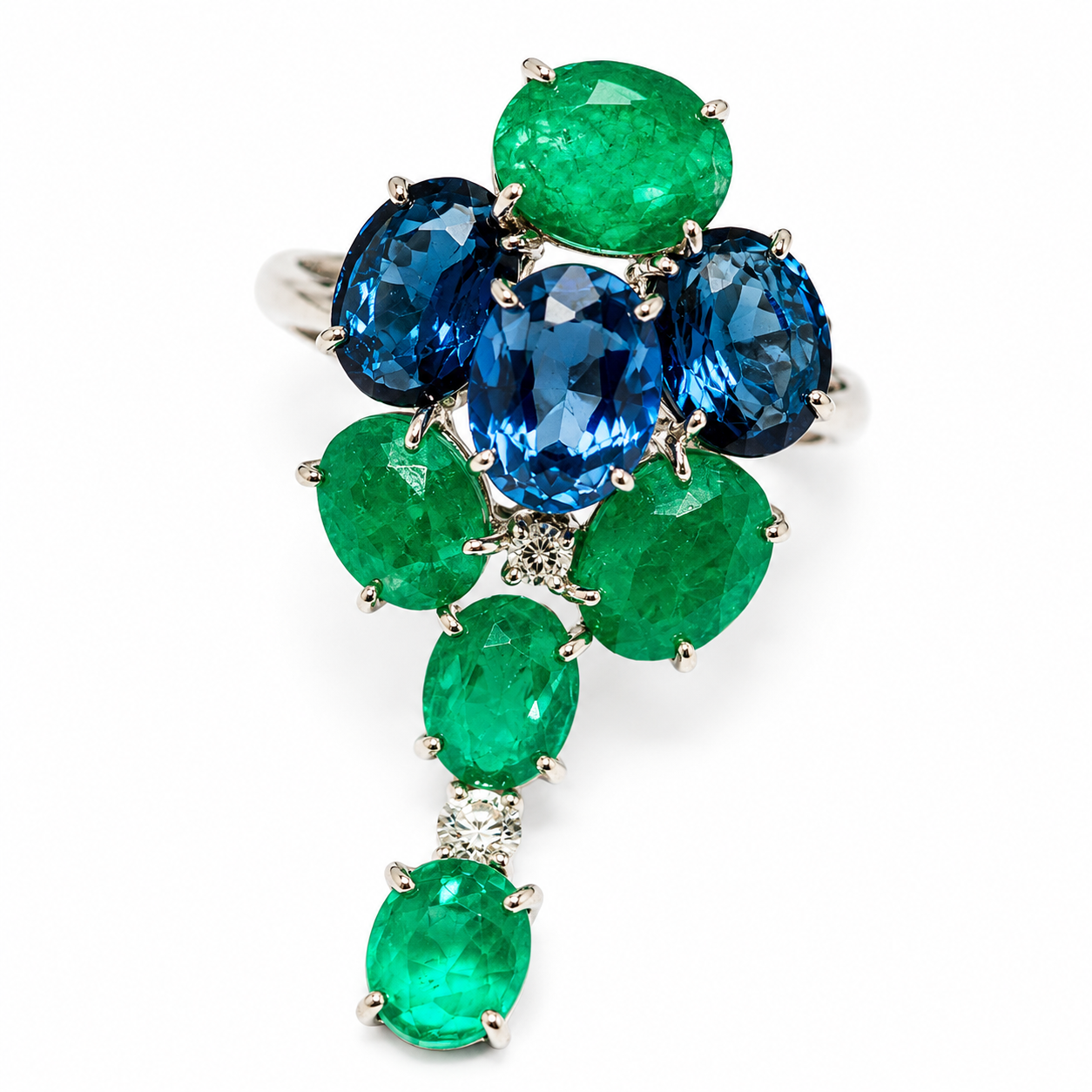 RING DIAMONDS, EMERALDS (douplet), SAPPHIRES (treated)