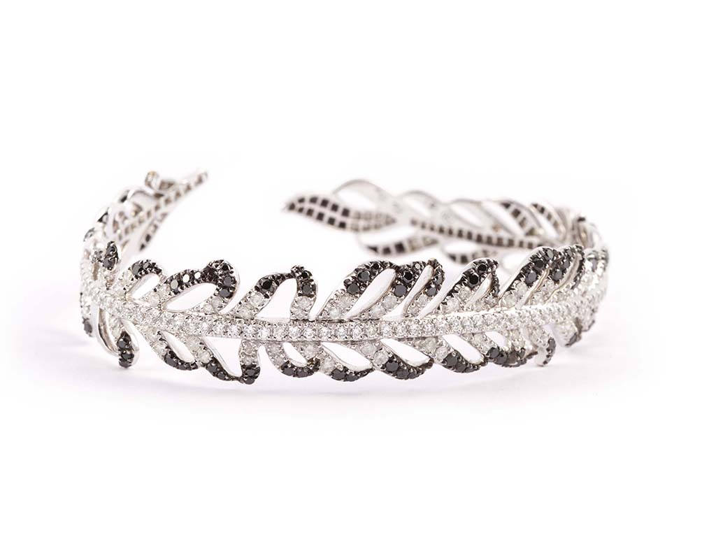 White Gold Feather Bracelet with Grey & Black Diamonds