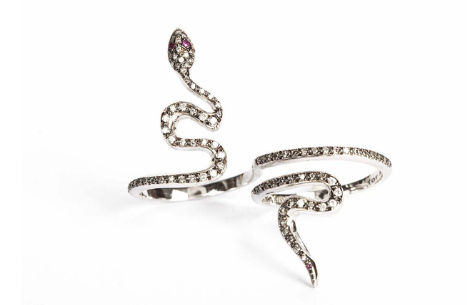 Double Finger White Gold & Diamonds Snake Ring