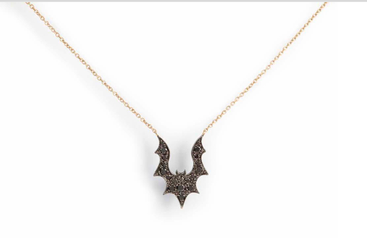Black Gold Bat in Black Diamonds on Rose Gold Chain Necklace