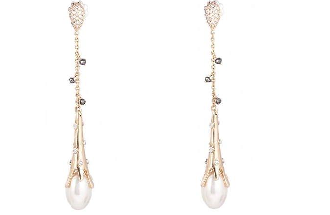 Pink Gold Long Earrings With Black & White Diamonds